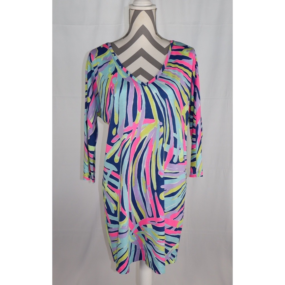 Lilly Pulitzer V-Neck 3/4‎ Sleeve Pima Cotton T-Shirt Dress Multi-Color Zebra M